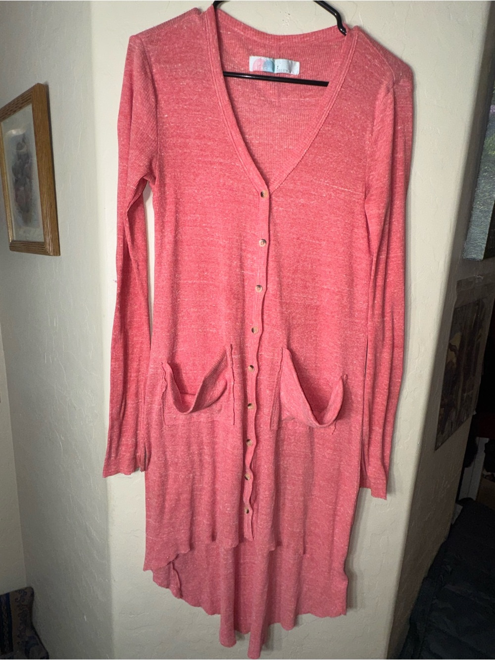 FP Beach Pink Slub Knit Button Front Long Cardigan Duster Pockets Size S